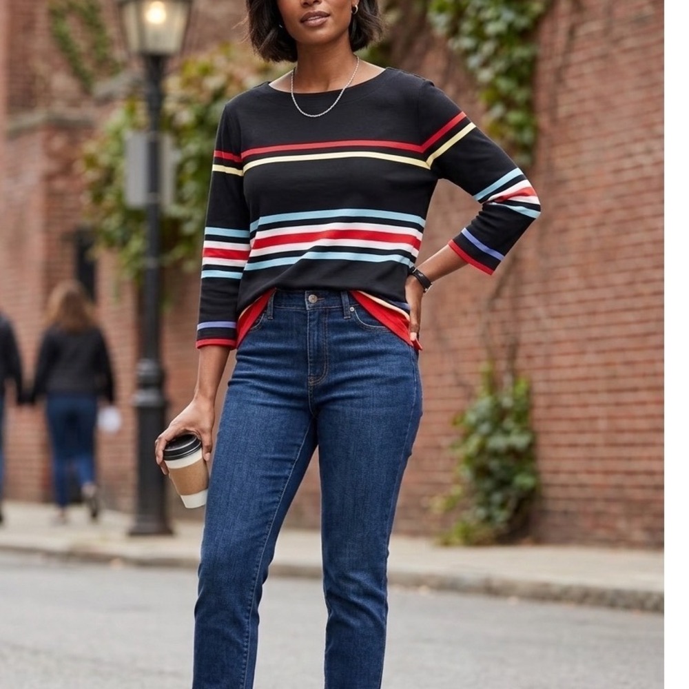 Elisabeth Liz Claiborne Womens Petite 2 Black Multi Stripe Cotton 3/4 Sleeve Top
